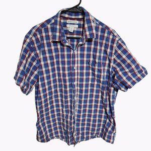 Mens Plaid Button Up Shirt Size XL Blue Red Plaid Short Sleeve Casual Career